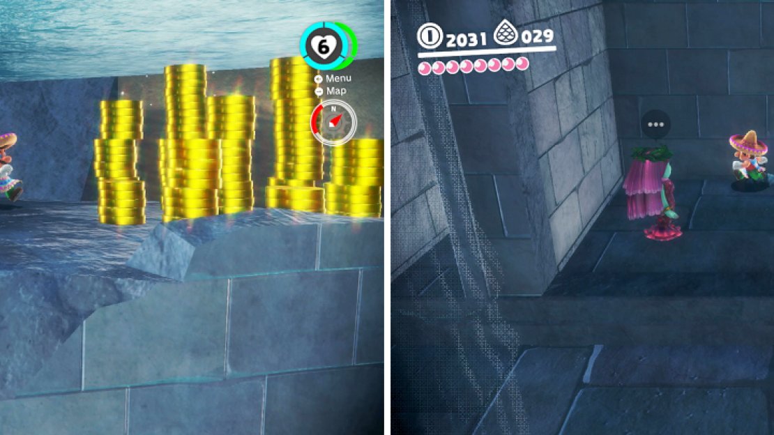 The back wall on the ground floor in the big dome hides a few things, like a bunch of gold coins (left) and even a NPC who hands over a Power Moon (right).