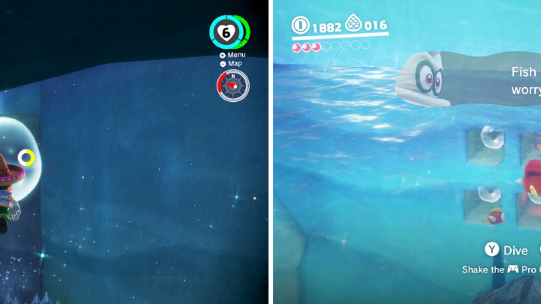 Bubbles can replenish your air supply while underwater (left). Of course, capturing a Cheep Cheep negates having to breathe (right).