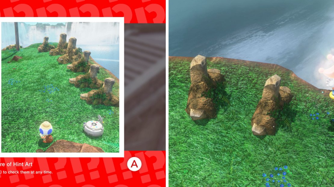 You will need to look at the painting in Lake Kingdom (left) in order to make the moon appear in Cascade Kingdom (right).