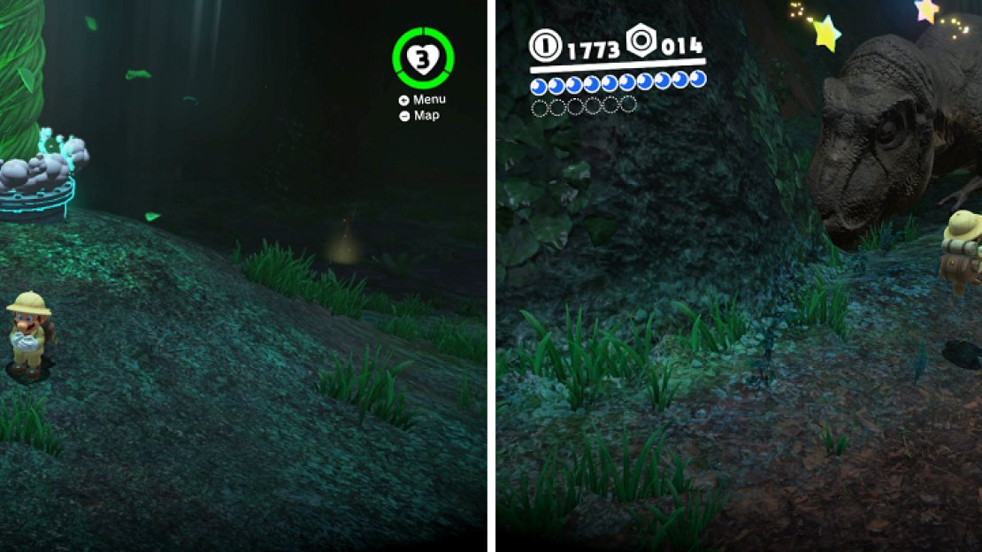 The big vines will bring you back to the surface (left). You need to have the T-Rex bump into something to be able to capture it (right).