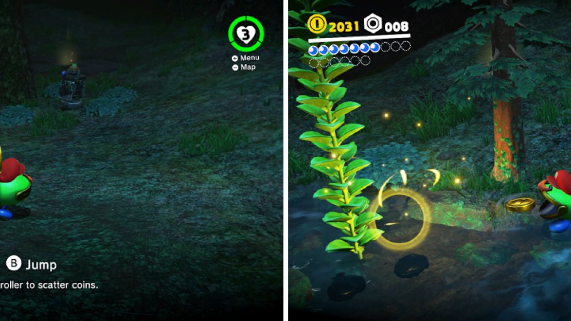 The Coin Coffer will cough up coins when you capture one (left). Continue spitting coins at the plant until you receive the Power Moon (right).
