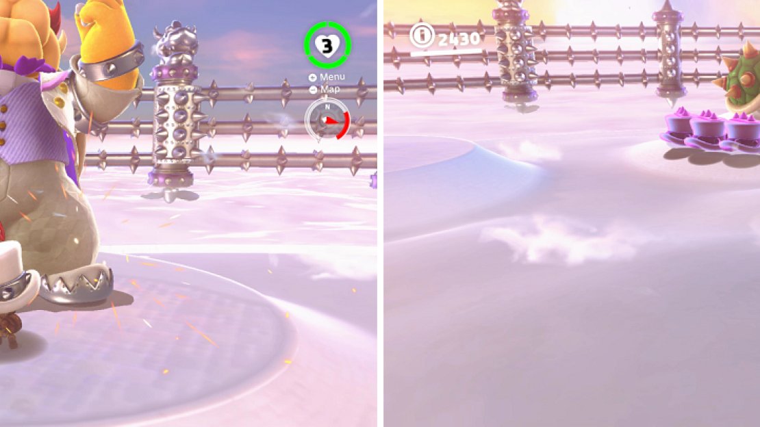 Once you put on Bowser’s hat, you will need to punch him with it (left). Watch out for the fake hats that Bowser tosses out with the real one (right).