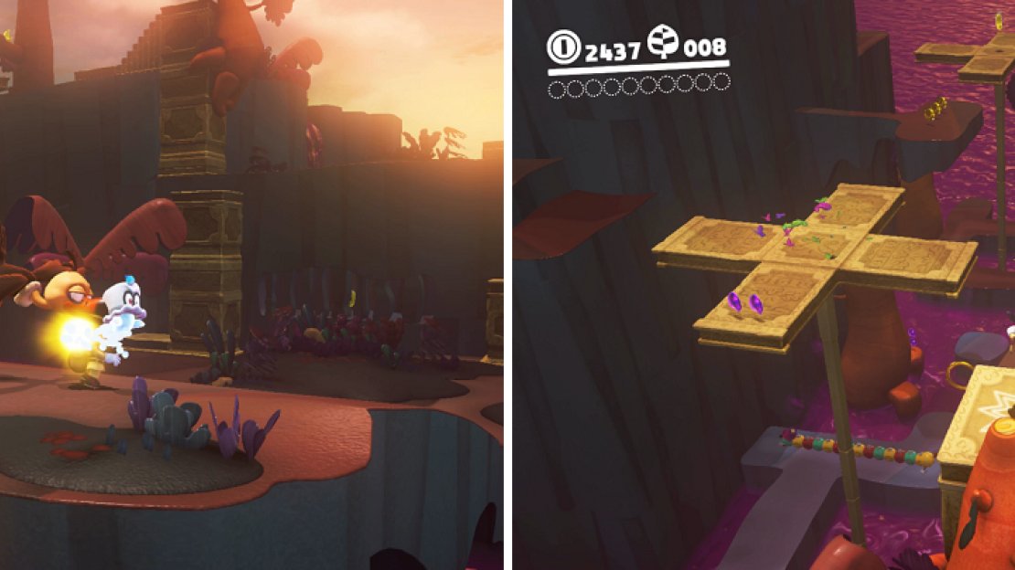 The stupid vulture will take Cappy from your head (left), but lure it to the poundable stairs to get him back (right).
