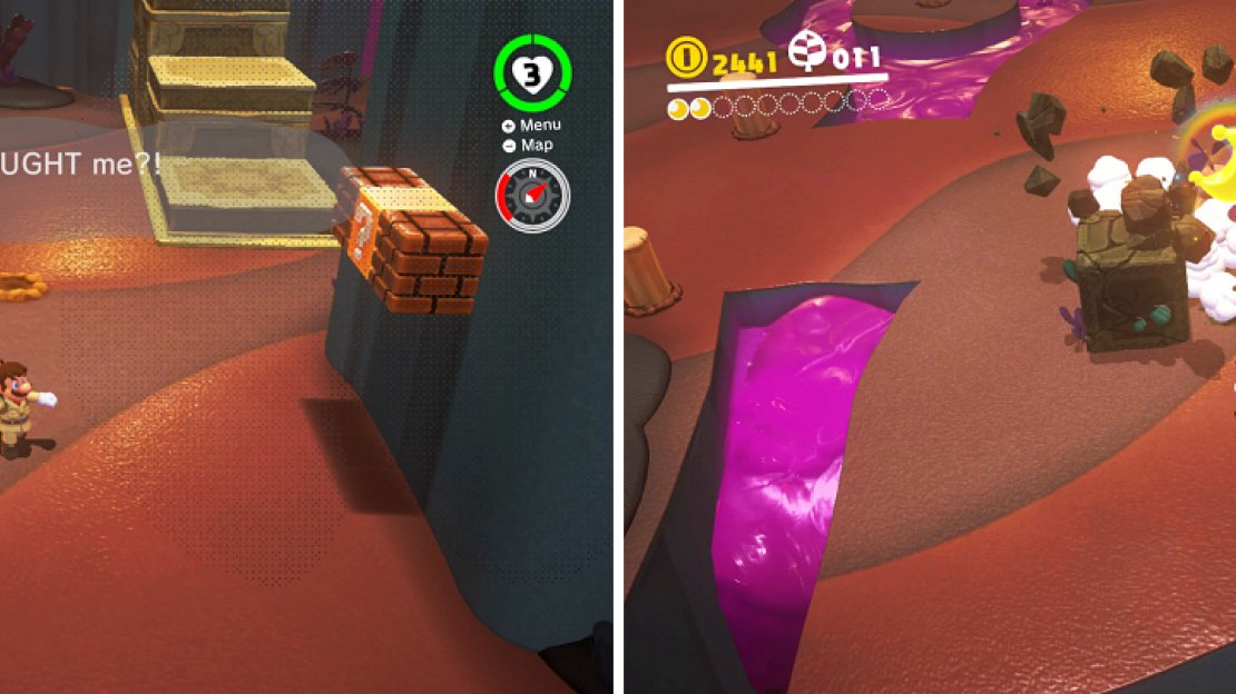 Trapeetles will catch Cappy if you throw him at them (left). Use their destructive nature to get a moon hidden in a stone block (right).