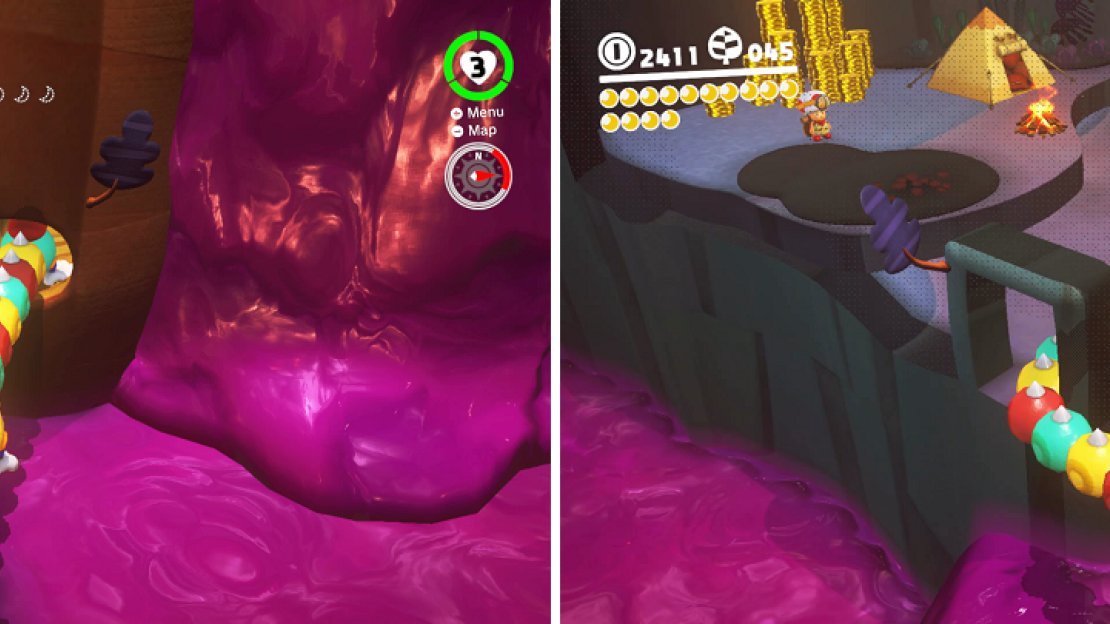There is a Moon Shard hidden inside a tree (left). You’ll need a Wiggler to reach the hidden area with Captain Toad (right).