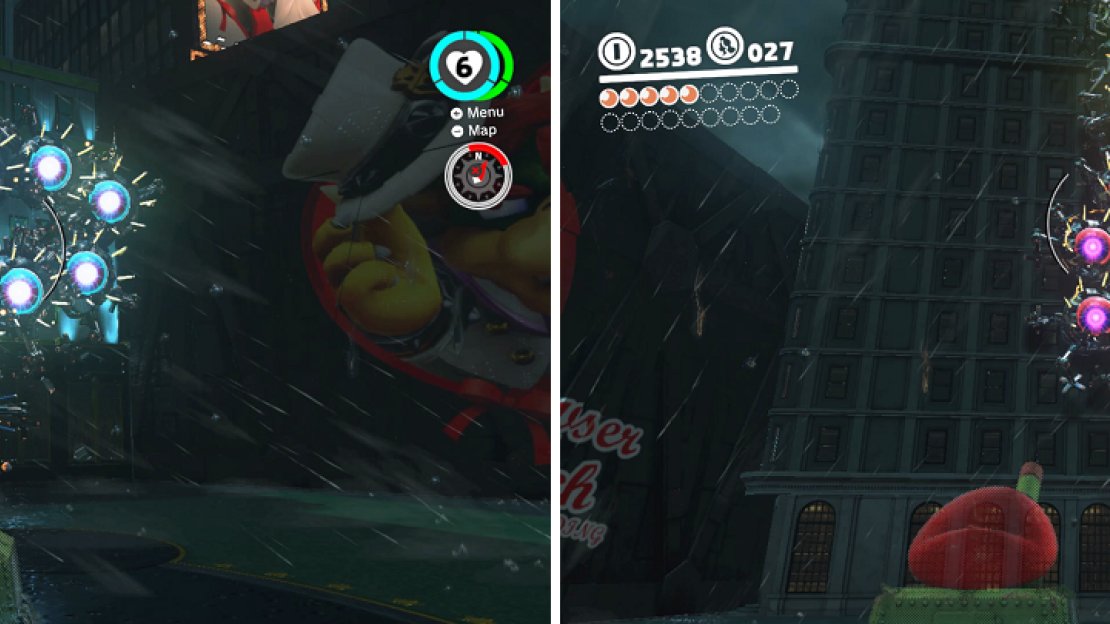 You have to hit all of the balls on the back to be able to deal damage (left). Be on the lookout for Mechwiggler’s projectiles (right).