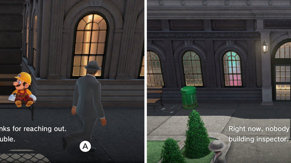 “Sitting“ on the bench next to the lonely guy will reward you with a moon (left). Only an inspector can get into the building (right).