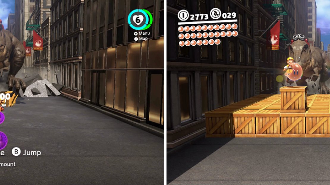 Since you’ll be moving towards the camera, you need to keep an eye out for purple coins (left), as well as the moon in the middle of the track (right).