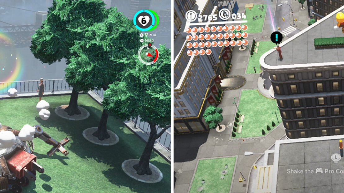 Ground pound the remains of the Mechwiggler to get a moon (left). You can fling yourself to the Trumpeter with a pole from a nearby building (right).