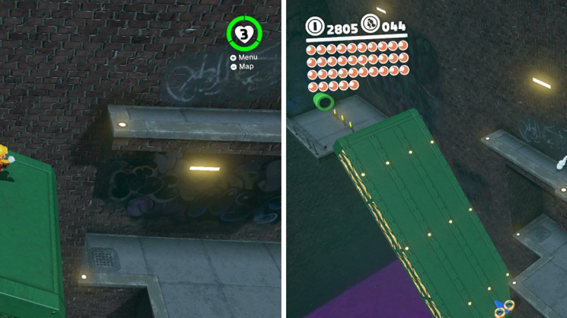 Use the last, vertical, spinning platform to reach a ledge with a hidden Power Moon.