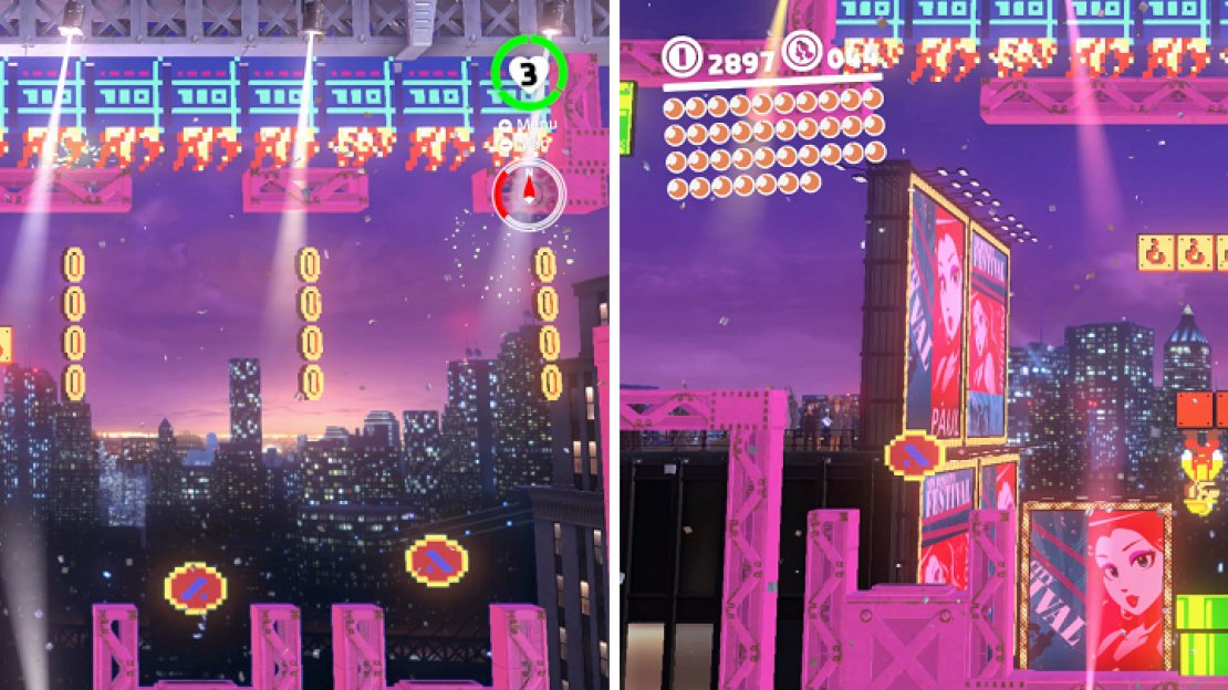In the upside down section, jump above the question blocks to uncover hidden ones (left), which will lead to a pipe with a hidden moon (right).
