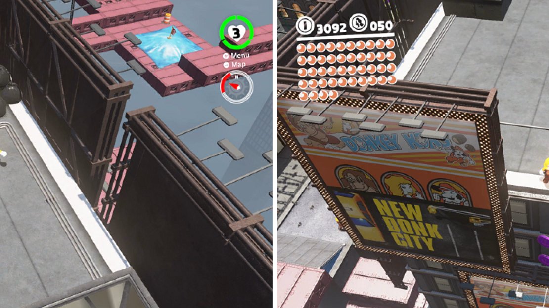 The garbage is hiding a Power Moon (left). Near the previous moon are two purple coins between two billboards (right).
