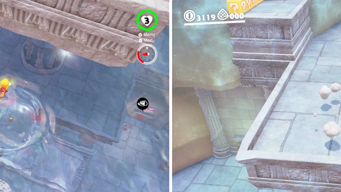 Drop into the large dome from the top (left) and pound the ground at the spot shown on the right to receive the art moon.