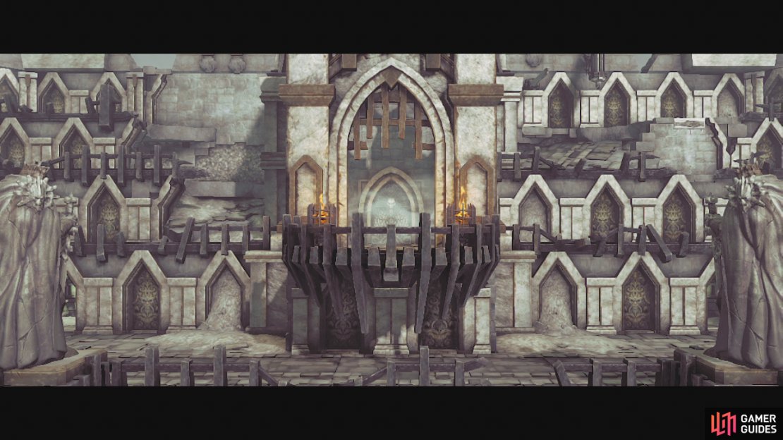 …Great, another dungeon where we have to find three things! Oh well, let’s get started. Note the debris to the left, access is blocked so let’s head right. Just to the right of the first door here you will see a handhold you can climb up to. On the upper terrace, immediately turn to the right and follow the railing until you find a wall leading up. Climb up and follow the platform back to the left until you stumble upon another scalable wall. Climb to the top of this and use the death grip ring here to swing across the gap for a Relic of Renegoth. Drop down to the level with the unlocked door on it nearby and follow the platform all the way north until you reach a dead end. Climb up the hand hold here for a chest. Finally, with all of that looting out of the way, let’s go back south and through that unlocked door!
