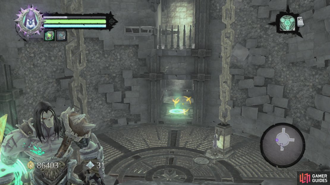 After a quick chat, the Judicator will now open the final door for you. Move over to the South and through to the next area. Wallrun across to the other side of the gap and go through the door. Use the summoning circle there for Dead Lord backup before heading into the circular room ahead. Kill the undead general that attacks you at this point. After the fight, you will notice you are in a lift similar to the one we encountered in the Phariseer’s Tomb. Hit the crystal indicating level 2 and it will raise, but it will stop short, and you will see it has been blocked by yellow crystals. At this point look around to see two pressure pads, one in an alcove to the East and another on a passage to the West. Send your Dead Lord to stand on the stitch on the west side of the room. Enter the East passage and climb up to the platform above. At the top, use the handholds to the right to wallrun around the length of the room to the balcony opposite. From here you will be able to see the pressure plate on the Eastern side of the room. Send the dead lord over to sit on it. Use the handhold to your right to move around the corner and climb up a couple of blocks to reach a handhold above. Wallrun to the right until you reach the platform with the bomb plant. Grab this and sent it down to destroy the yellow crystals blocking the life below. This will bring the lift up to your level. Go through the door to the south. Check out the pool in front of you for a Boatman’s coin and continue up the nearby stairs. Use death grip to climb up to the platform here and grab the final soul from the cage. Attempt to leave the room to initiate a boss battle.