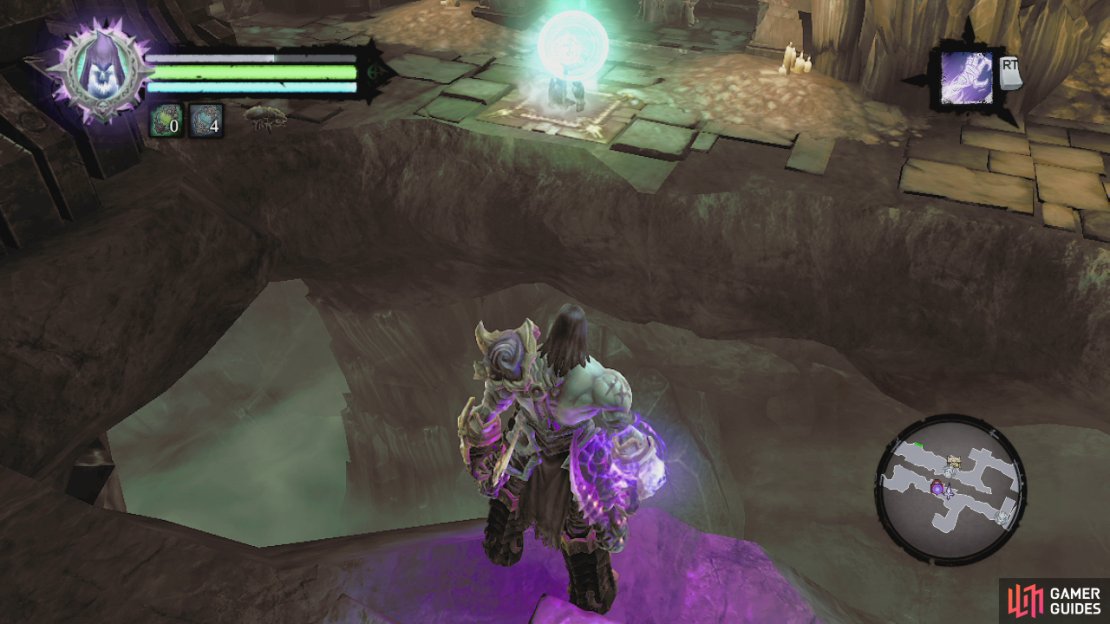 To the right of the door is a cliff and on the far side you will see a pressure plate in front of a gate containing a chest. Use one of the dead lords to activate the pressure plate there, and then use death grip on him to jump across the gap. Open the chest here and kill the scarabs. Look back towards the locked skull door and you will see a doorway beneath it. Behind the gate here, you will see a pressure plate. Send the other dead lord to activate this to open the gate. Jump towards the ledge and use death grip on the way down to pull yourself to the dead Lord.