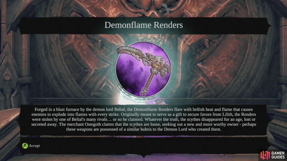Follow the handhold to the right and exit into the hall. As you move along the hallway, look up as you go to find a death grip ring above. Use this to climb up and wall jump to the top. When you get there, you’ll find a Boatman’s Coin nearby and a legendary weapon – Demonflame Renders. From the centre of this platform, look to the roof to the south to see a crystal, shot it for a Stone of Resistance. Drop back down to the hallway and use the death grip ring at the end to jump back up to the platform where we got the dungeon map.  Continue on as before until you reach the large circular shaft again. This time use death grip to swing across to the other side and climb to the top. When you get to the balcony, climb up and look to the right in a corner for a Book of the Dead page. Use the door here.