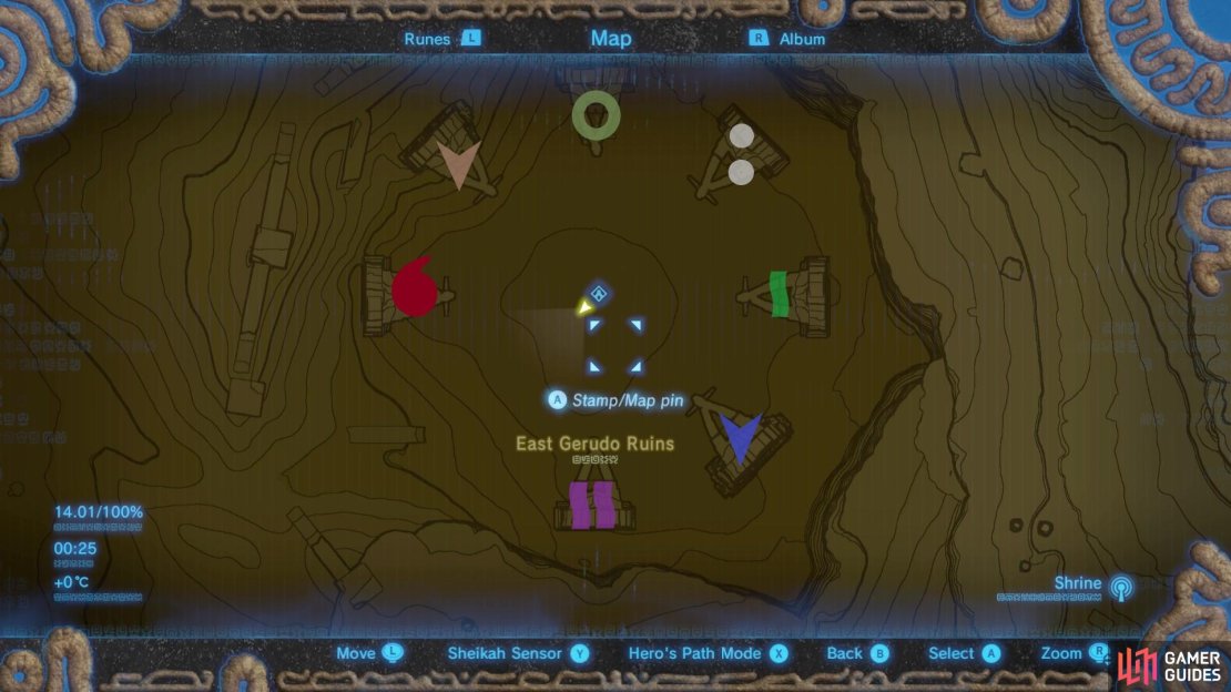 Clockwise beginning at the west statue: red flame ball, brown arrow ball, green circle ball, two white dots ball, green wave ball, blue arrow ball, purple wave ball.