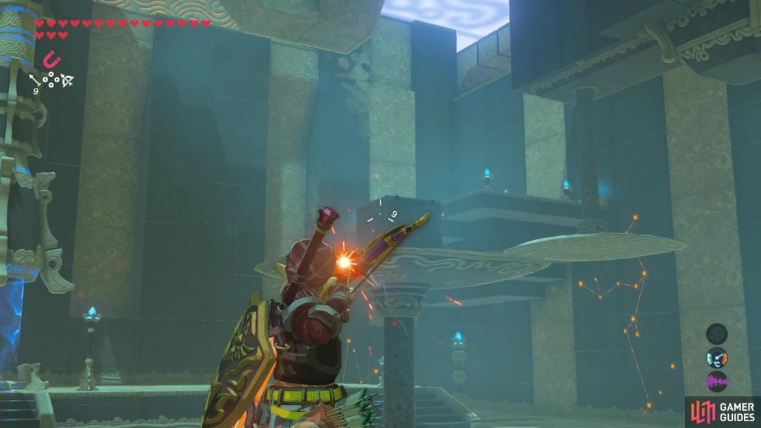 Break the wooden crate using an arrow to tip the scales.