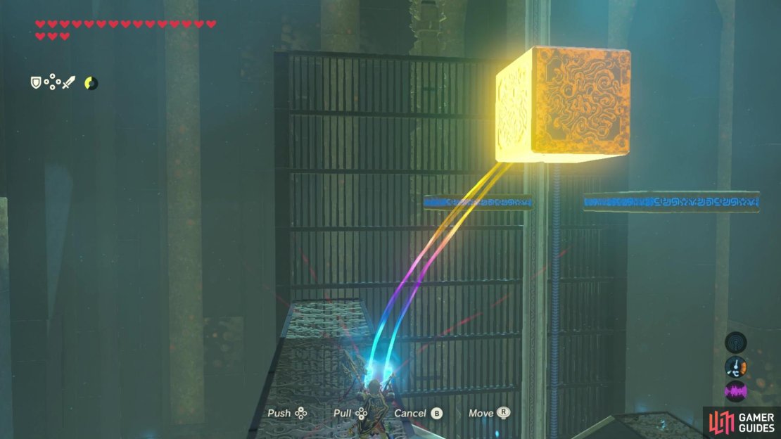 Use Magnesis to bring the Cube up onto the moving platforms.