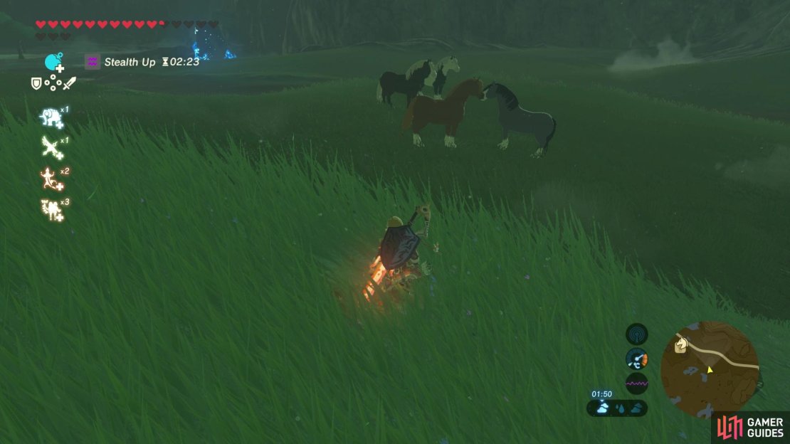 Crouch and sneak towards a horse so you can mount it