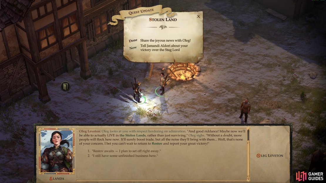 When you&rsquo;re ready to leave Chapter 1 behind, return to Oleg&rsquo;s Trading Post and tell Oleg the news of your victory.