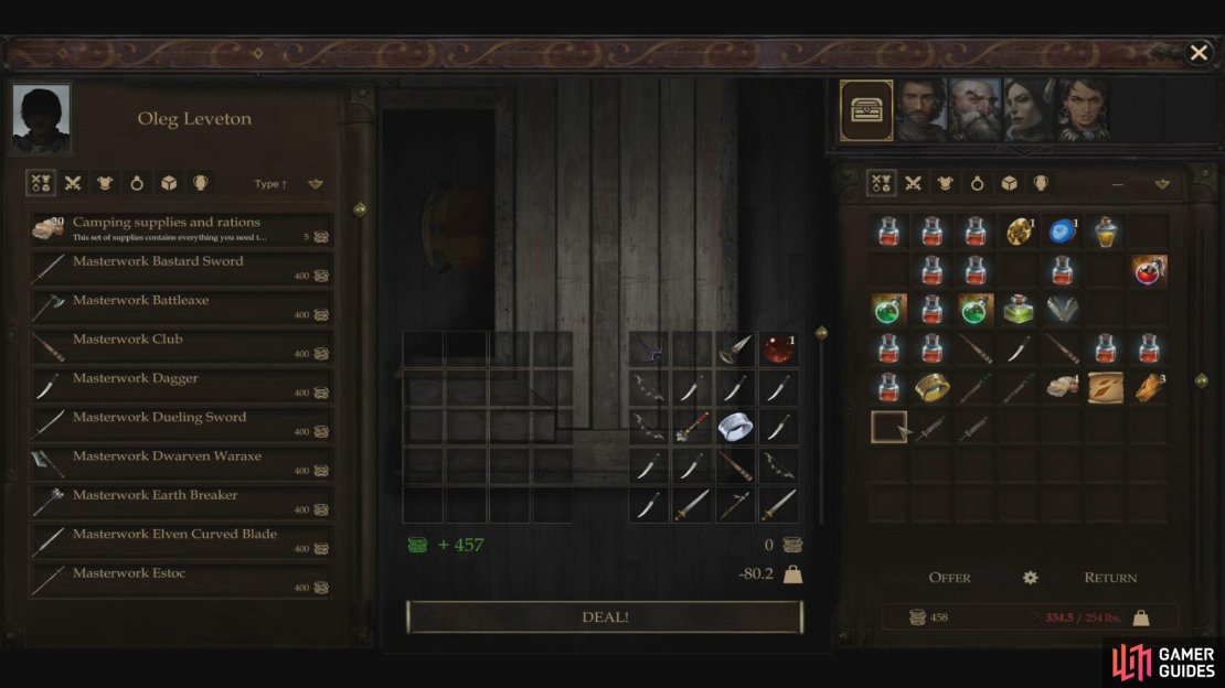 Sell off accumulated items you don’t plan to use, but be wary - they only sell for 1/4 of their listed value. Weapons are generally better items to haul about than armor, for selling purposes