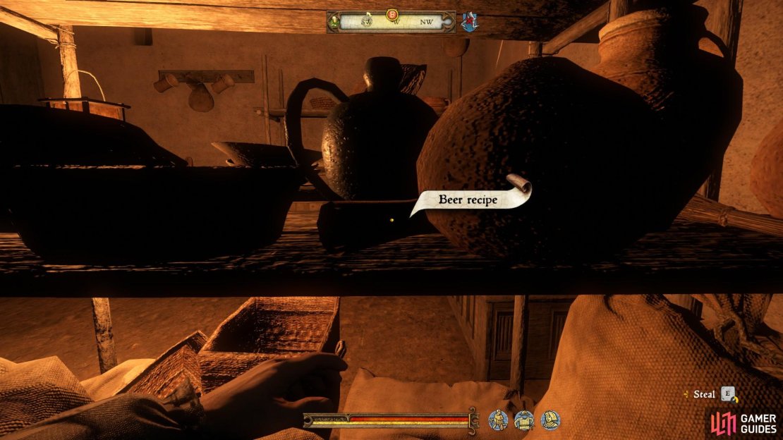 The beer recipe can be found in the middle of the shelf between the two chests in the centre of the room.