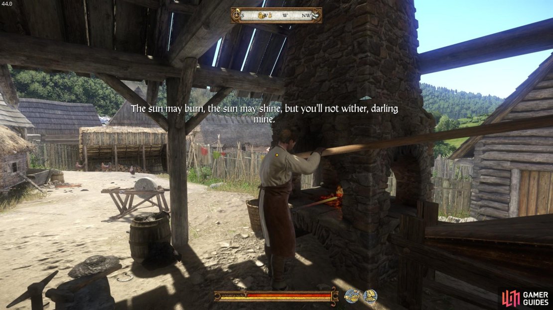 Listen to the blacksmith recite the ditty that he learned from his father to ensure that the steel is tempered properly.
