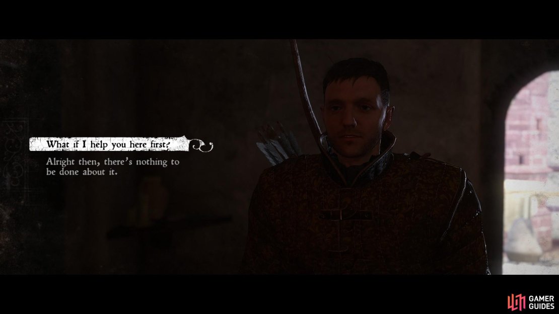 If you have not already done so, you may need to help him with tending to the sick and injured at the Monastery before he will help in the Talmberg encampment.
