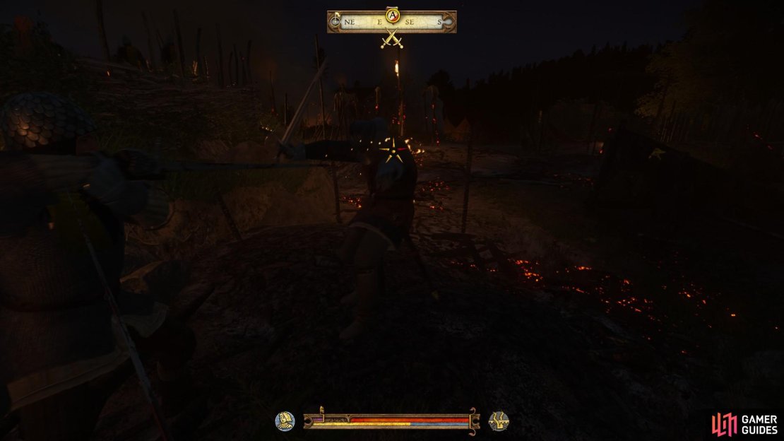 Fight the bandits that are waiting to ambush from the burning tents to the east until you have secured the location.