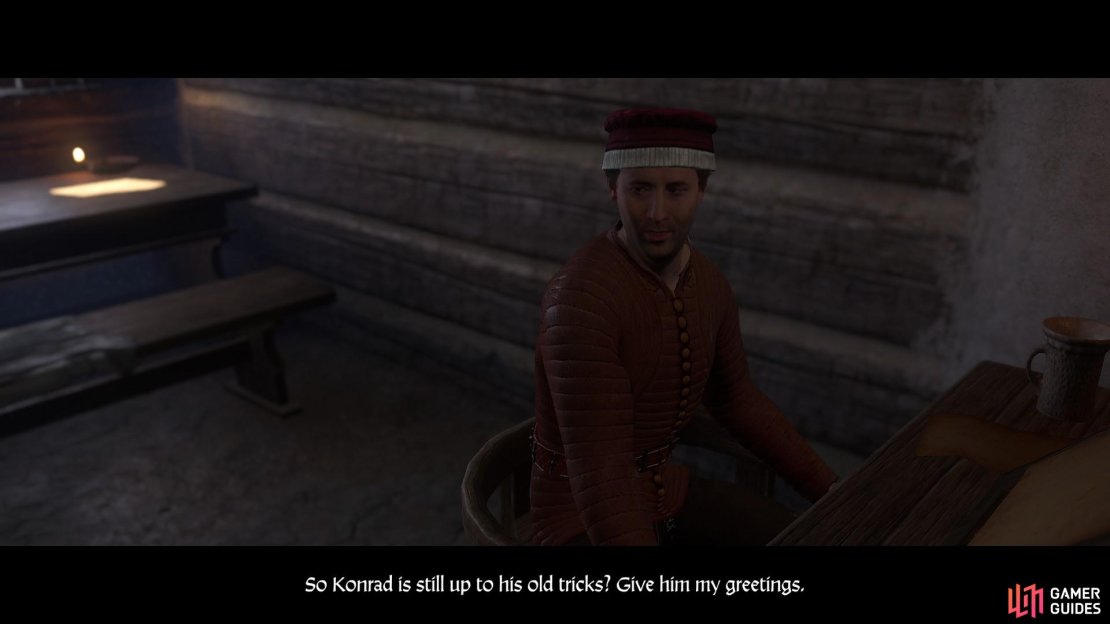 Whether you repeat what Konrad said or not, the scribe will not know what you are talking about. Mention that Konrad sent you and the scribe will forge the documents. 