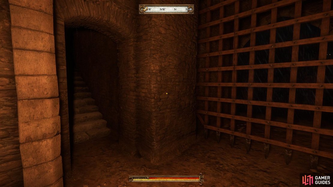 The stairs to the battlements can be found beside the main gate to the inner bailey.