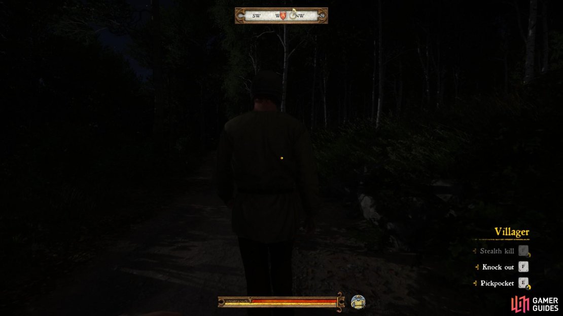Follow the villager on his way home and crouch behind him. You can then knock him out and loot his purse.