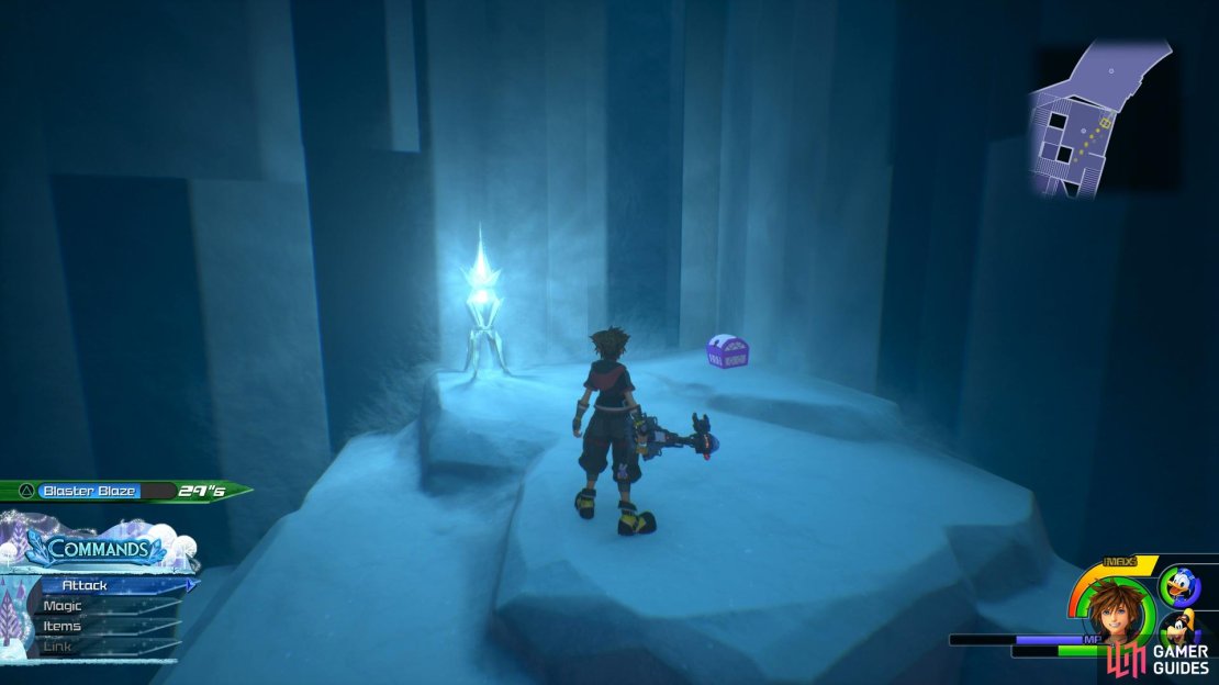 Climb the rocks in the corner.