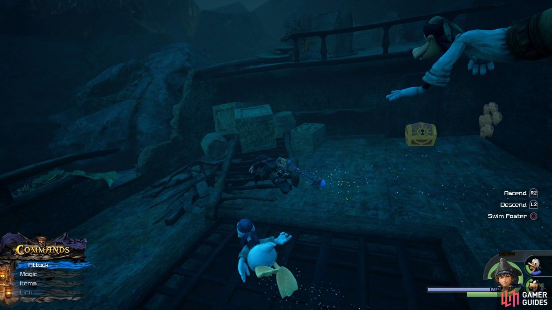 Follow the rocky wall to the right from where the ship’s tail end is.