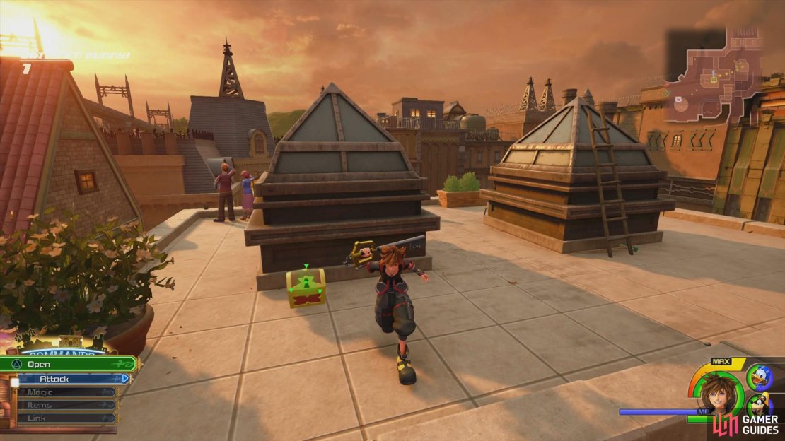 Make your way to the largest building.