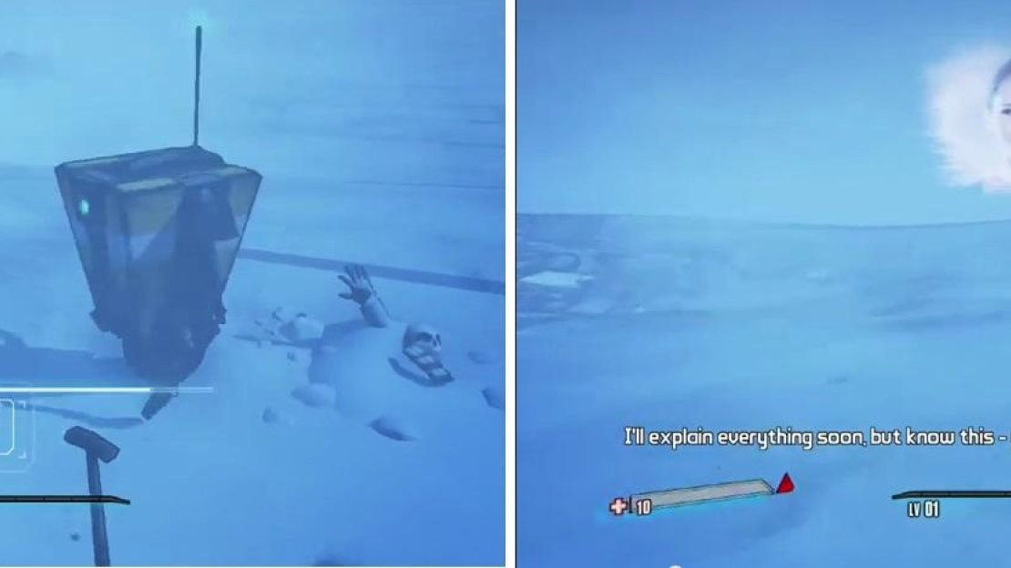 On the left Claptrap, has given you a communication device. On the right, a woman appears to tell you you’re needed and that she will help.