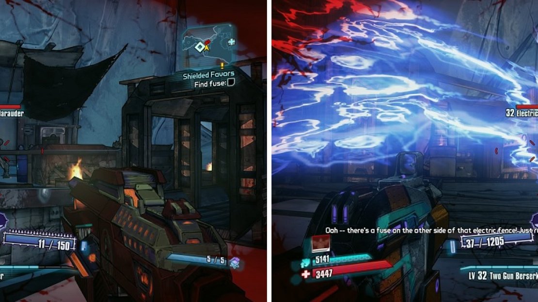 Clear the area of bandits (left) before you shoot the switch to shut down the electric barrier (right).