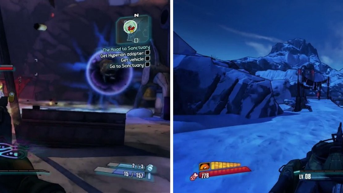 Nomads are definitely one of the stronger bandits (left), who can take a lot of punishment due to their beefy health. Driving a vehicle in Borderlands 2 (right) can be tricky, thanks to its controls.