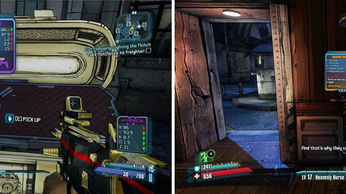 The Golden Chest in Sanctuary (left) can get you some weapons if you have a Golden Key. You can also gamble your money away to get some new weapons from the slot machines in Moxxi’s Bar (right).