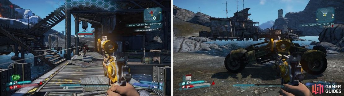 Clearing the area of bandits beforehand (left) and parking a vehicle at the place (right) to teleport to will help in making this mission easier.