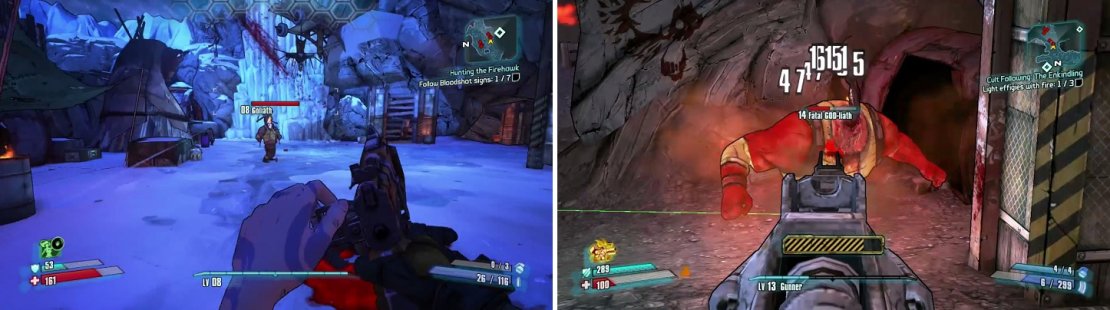 If you knock the mask/helmet off of Goliaths (left), they will go berserk and attack anyone. They can level up and become stronger (right) if they kill enough enemies.