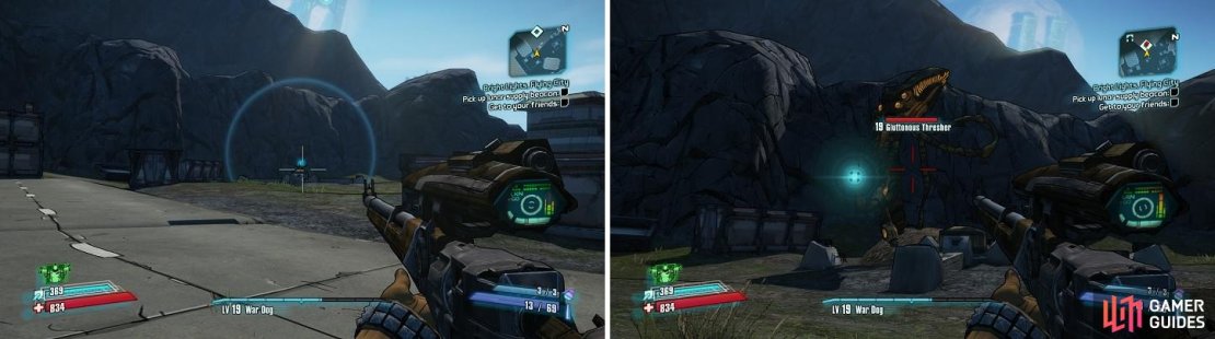 Don&rsquo;t be fooled by how easy it looks like to grab the lunar beacon (left), as when you get close enough, a Gluttonous Thresher comes out of the ground to swallow it (right).
