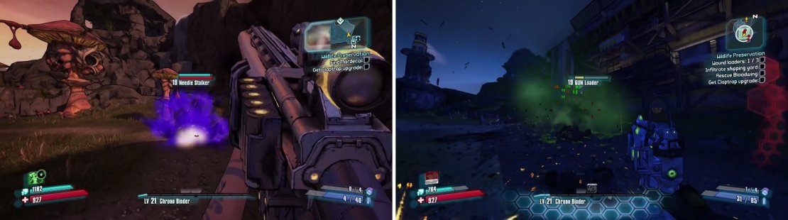 Mordecai will help you out by shooting slag shots with his sniper rifle during parts of the mission (left). Make sure you leave the GUN Loaders with a little bit of health (right) to open the one door.