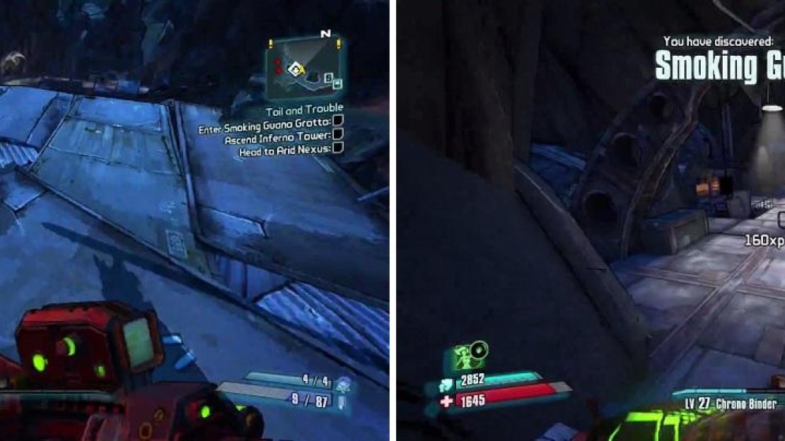 Jump off of this ledge (left) to land right outside of the entrance to Guano Grotto (right).