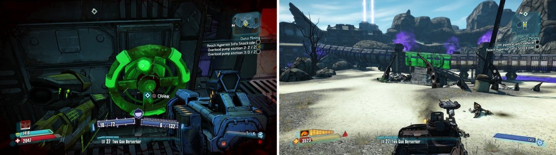 Turn the valves at the pumping stations (left) to overload the pipeline, then you can crash your vehicle into the highlighted portion (right) to bust a hole in it.