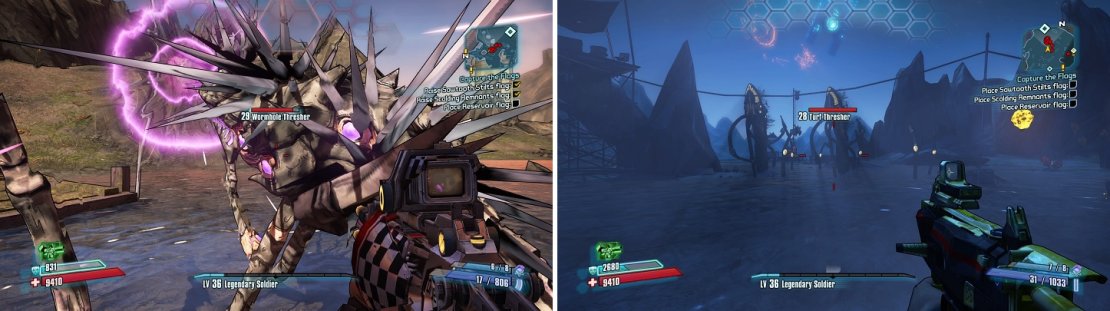 Wormhole Threshers will suck you in and make Swiss cheese out of you (left). Turf Threshers are large and have individual tentacles that attack (right).