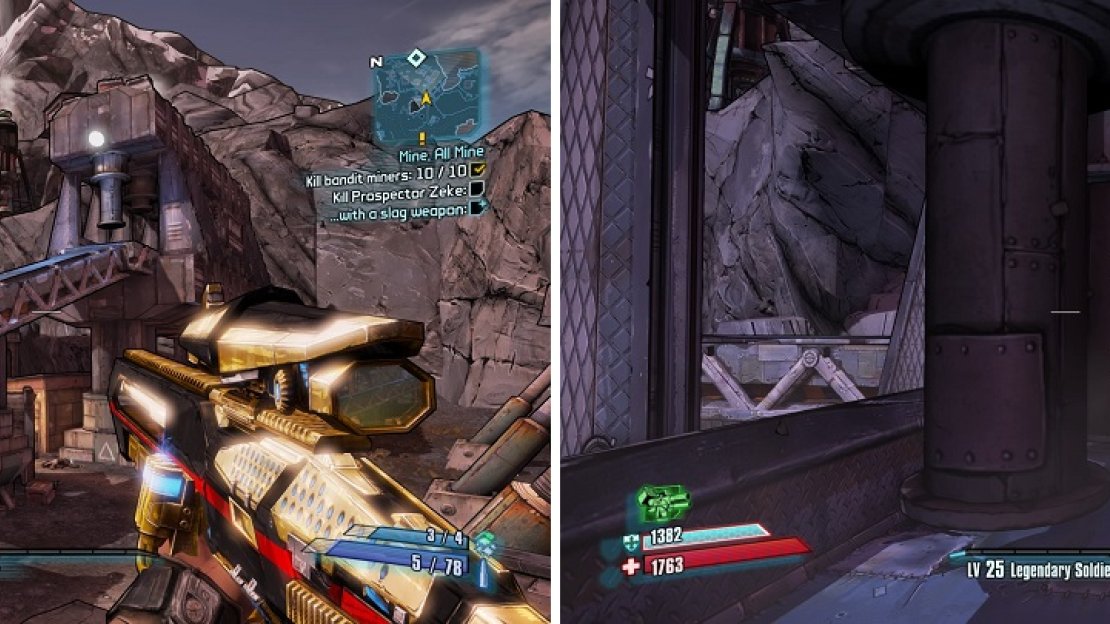 Use the conveyors to get to the top (left). Be careful of the pistons (right).