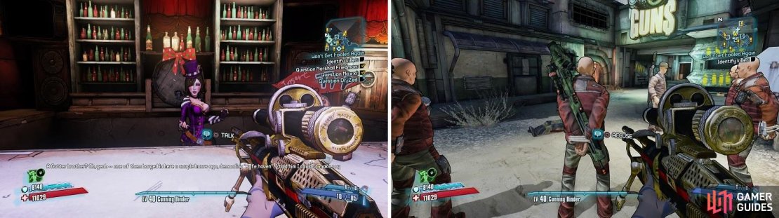 Each person you talk to (left) will give you a clue as to the true culprit. The killer will always be the one with the sniper rifle (right).
